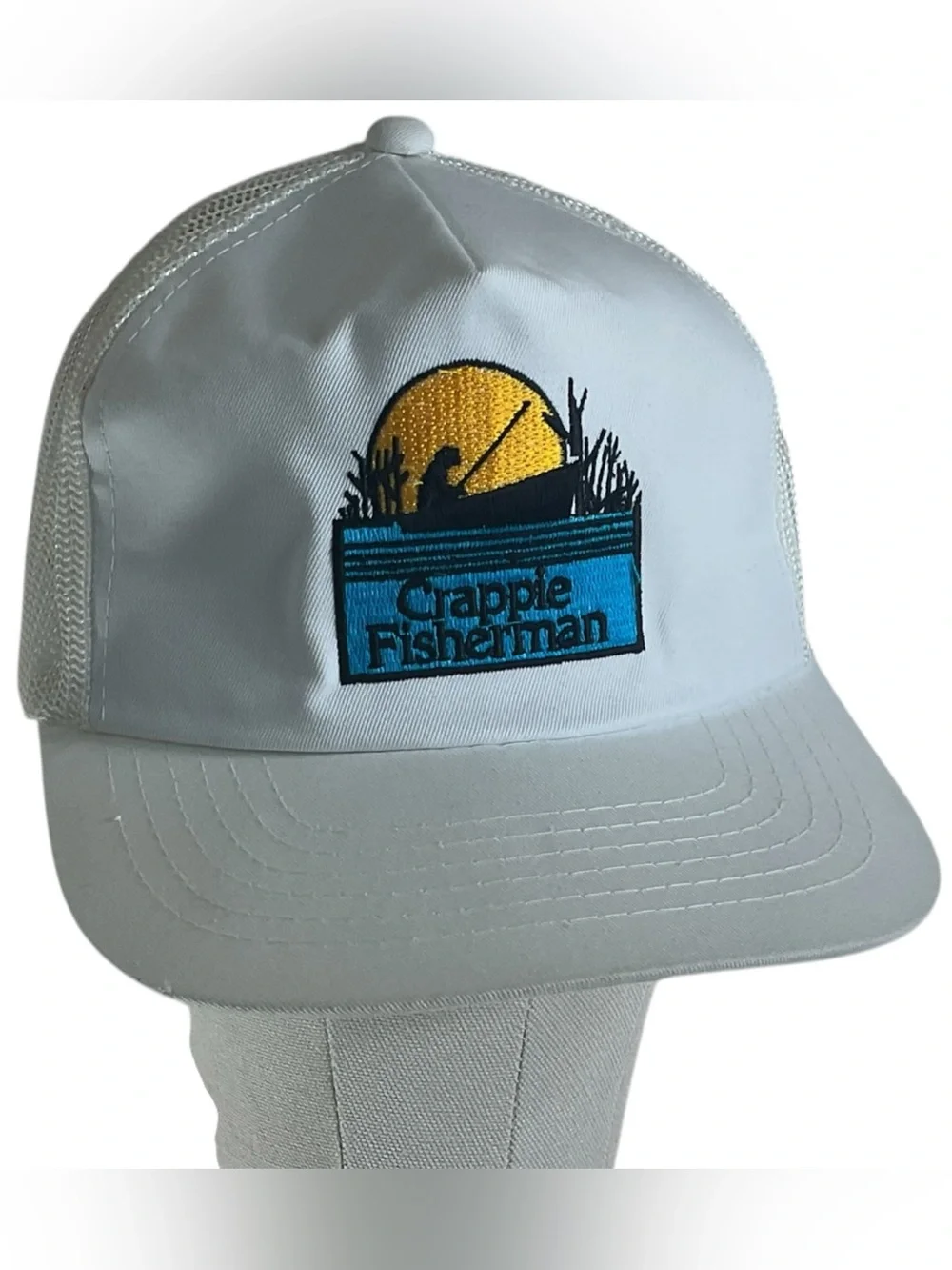 Vintage Crappie Fisherman Mesh Trucker Hat Snapback White Fishing Cap Korea